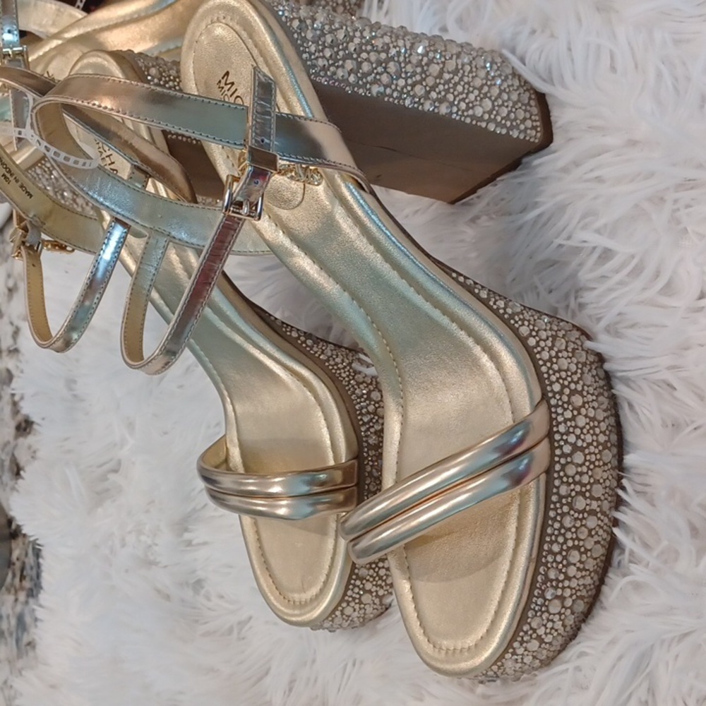 NEW Michael Kors Laci Gold crystal platform leather sandals Size 9.5 - Picture 3 of 16